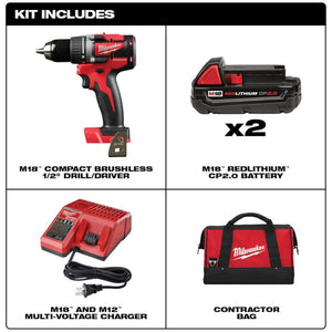 Taladro atornillador compacto sin escobillas M18 1/2" Milwaukee 2801-22CT