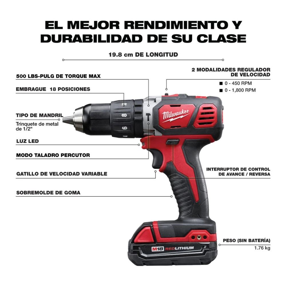 Taladro percutor/destornillador compacto de 1/2" M18™ (Solo herramienta) Milwaukee 2607-20