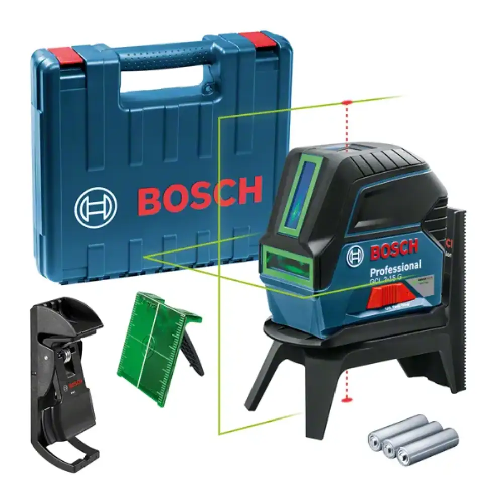 Nivel láser Bosch modelo GCL 2-15 G con estuche azul, soporte y accesorios incluidos