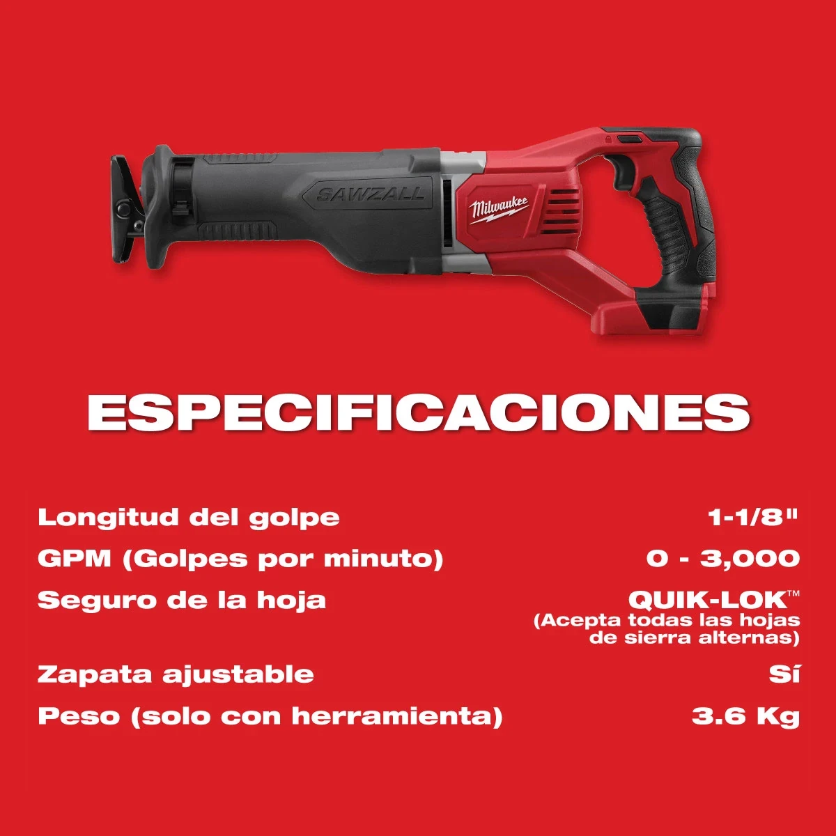 Sierra alternativa M18™ SAWZALL® (Sin accesorios) Milwaukee 2621-20