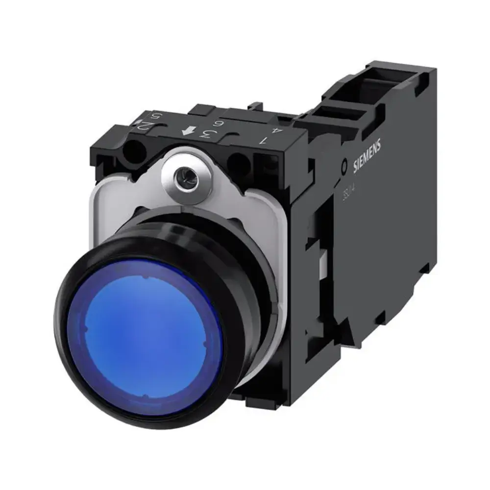 Pulsador luminoso Siemens modelo 3SU1102-0AB50-1FA0 con LED azul 22 mm