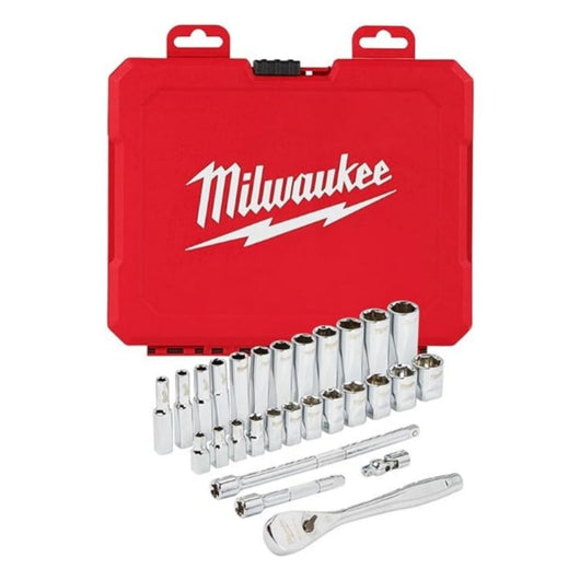 Juego de Llaves de Vaso y Trinquete de 28pzas con cuadro de 1/4" Métrico Milwaukee 48-22-9504