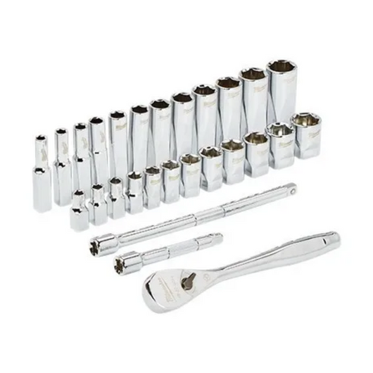Juego de Llaves de Vaso y Trinquete de 28pzas con cuadro de 1/4" Métrico Milwaukee 48-22-9504