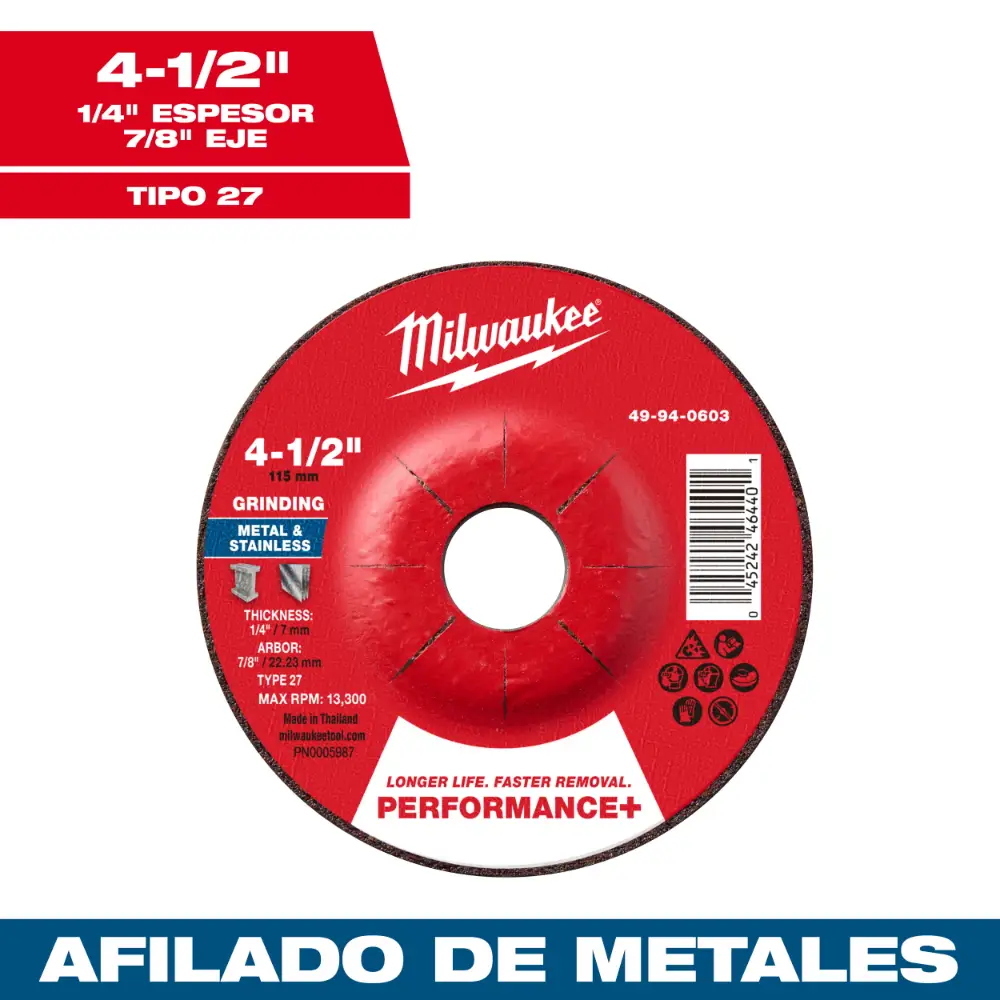 Disco de desbaste para metal Performance+ 4-1/2" x 1/4" x 7/8" – Tipo 27 Milwaukee 49-94-0603