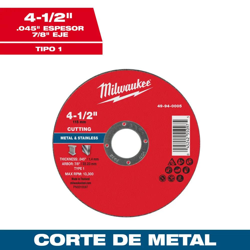 Disco de corte para metal 4-1/2" x .045" x 7/8" – Tipo 1 Milwaukee 49-94-0005