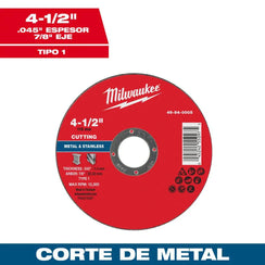 Disco de corte para metal 4-1/2" x .045" x 7/8" – Tipo 1 Milwaukee 49-94-0005