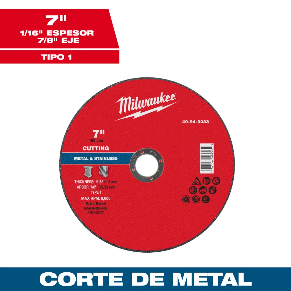 Disco de corte para metal 7" x 1/16" x 7/8" – Tipo 1 49940033