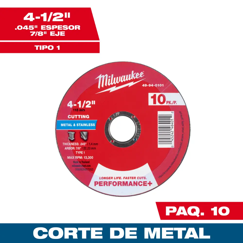 Disco de corte para metal Performance+ 4-1/2" x .045" x 7/8" – Tipo 1 – Paquete de 10 49940101