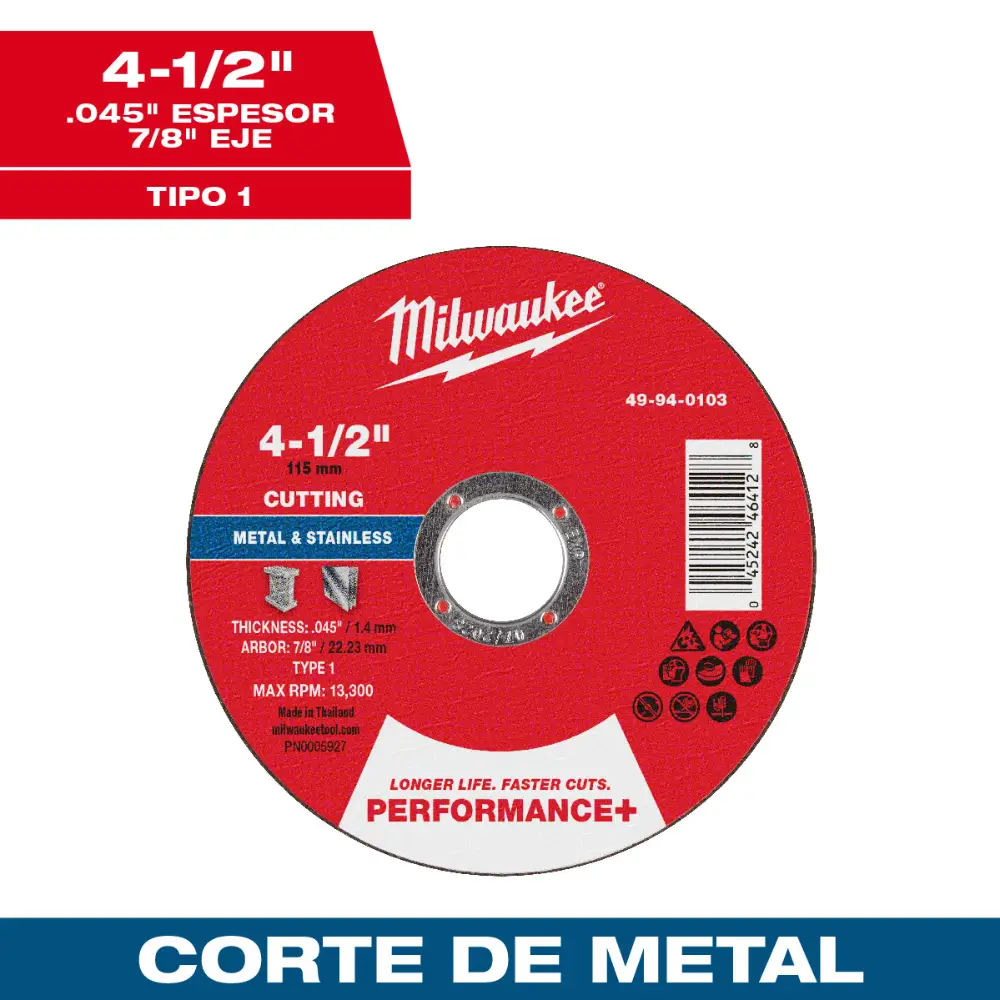 Disco de corte para metal Performance+ 4-1/2" x .045" x 7/8" – Tipo 1 49940103