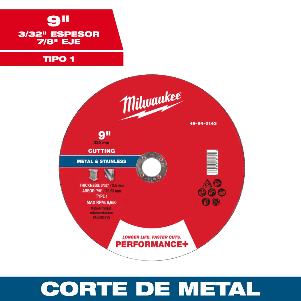 Disco de corte para metal Performance+ 9" x 3/32" x 7/8" – Tipo 1