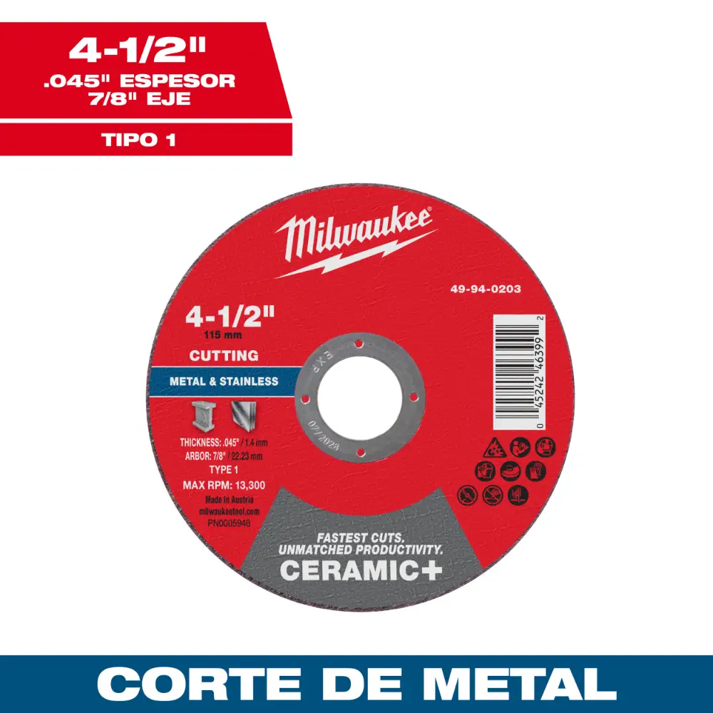 Disco de corte para metal Ceramic+ 4-1/2" x .045" x 7/8" – Tipo 1