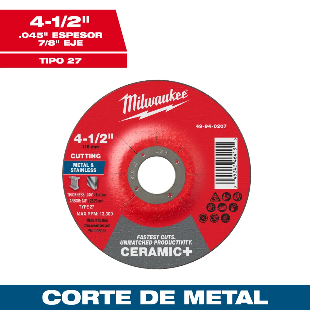 Disco de corte para metal Ceramic+ 4-1/2" x .045" x 7/8" – Tipo 27 Milwaukee 49-94-0207