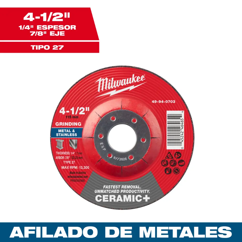 Disco de desbaste para metal Ceramic+ 4-1/2" x 1/4" x 7/8" – Tipo 27 49940703
