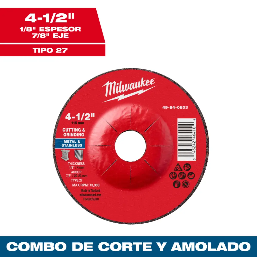 Disco combinado corte y desbaste para metal 4-1/2" x 1/8" x 7/8" – Tipo 27
