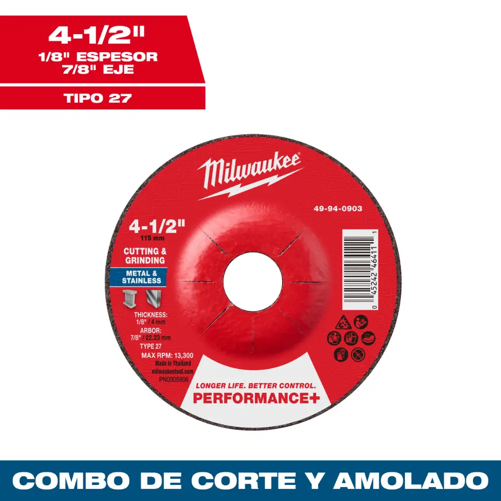Disco combinado corte y desbaste para metal Performance+ 4-1/2" x 1/8" x 7/8" – Tipo 27 Milwaukee 49-94-0903