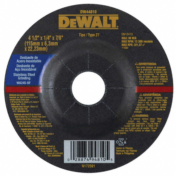 Disco de corte linea negra 4-1/2" para acero inoxidable DeWalt DW44810