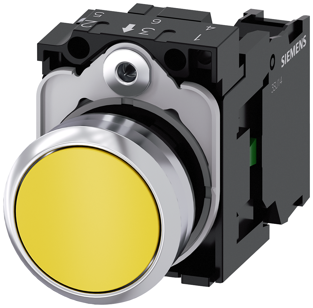 Pulsador 22 mm Rasante Siemens 3SU1150-0AB30-1BA0 con soporte y bornes amarillo