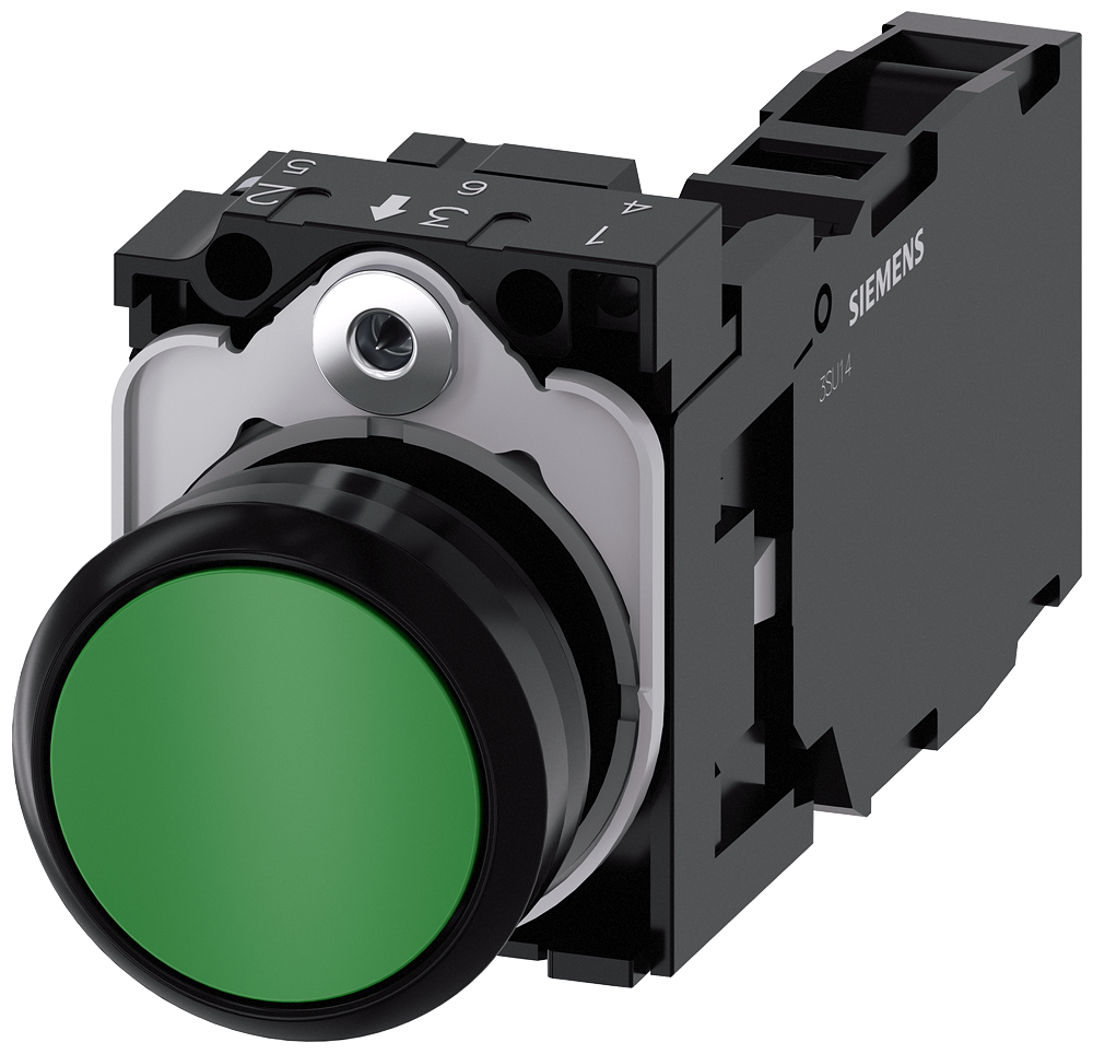 Siemens 3SU1100-0AB40-1FA0 SIRIUS Pulsador Momentáneo Rasante Con Soporte 1NA y 1NC