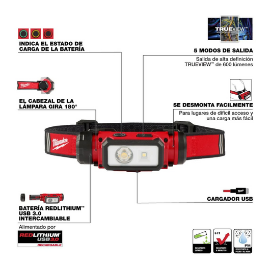 Lampara para casco recargable mediante USB REDLITHIUM Milwaukee 2163-21