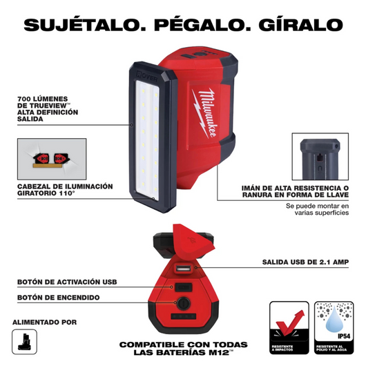 Linterna de inundación Milwaukee M12 rover con cargador usb 2367-20