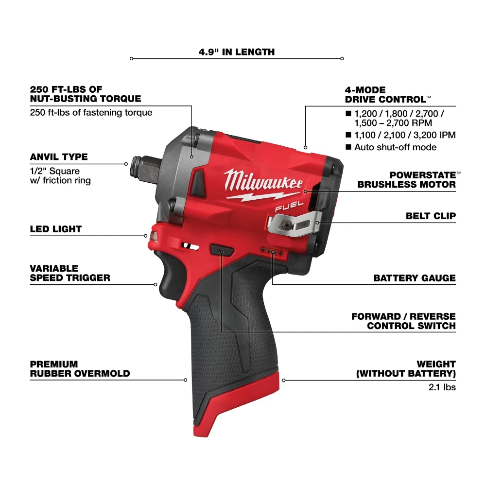 Llave de impacto corta M12 de 1/2" Milwaukee 2555-20