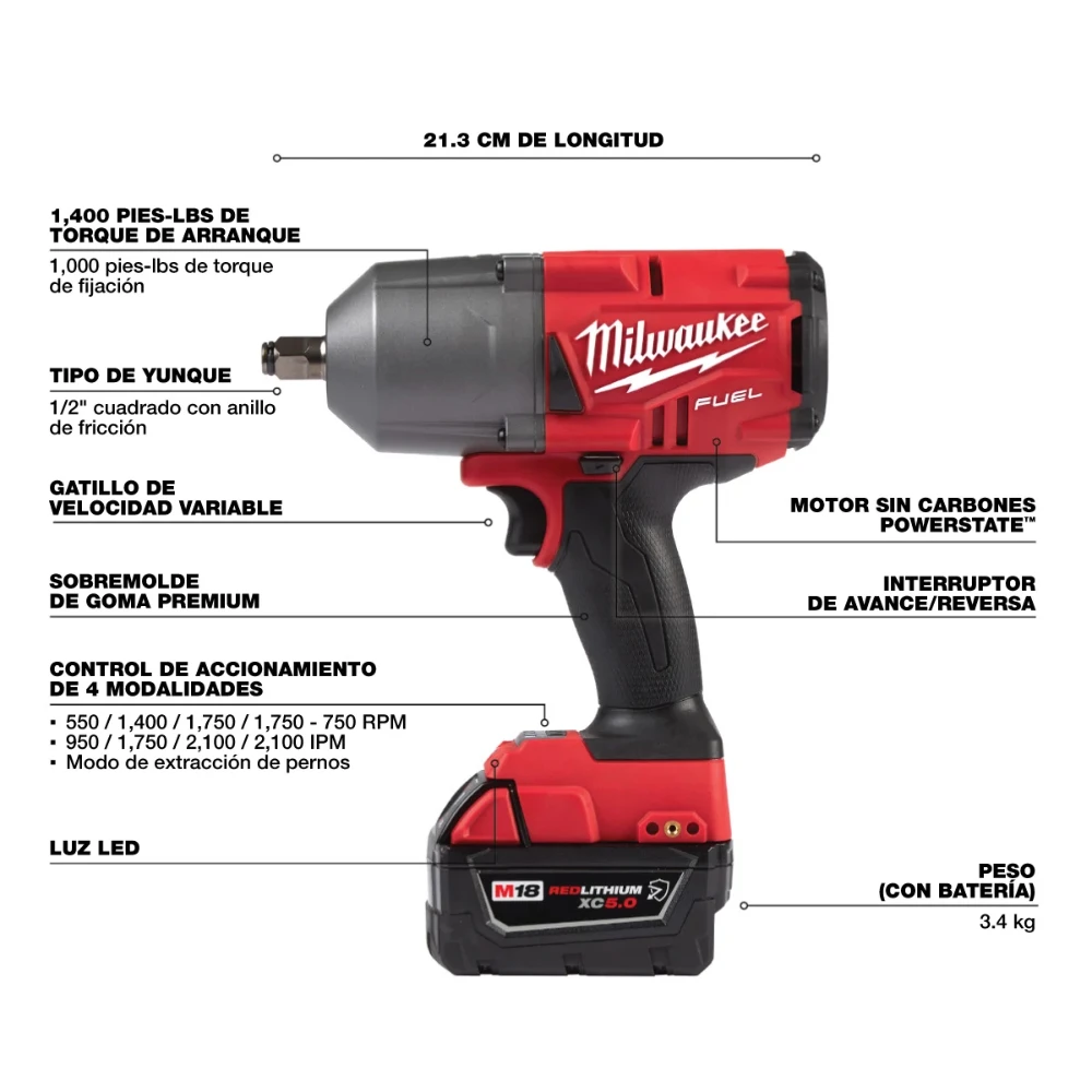 Milwaukee Llave de impacto 2767-22R alto torque con batería XC5.0