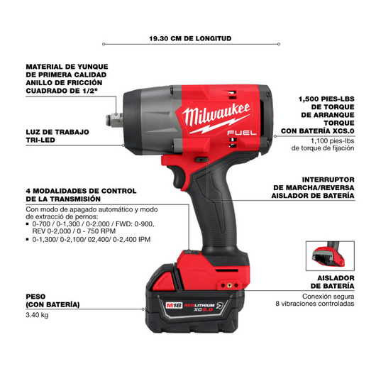 Llave de impacto alto torque M18 FUEL 1/2" kit de anillo de friccion Milwaukee 2967-22