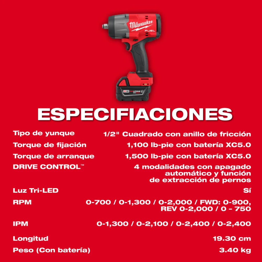 Llave de impacto alto torque M18 FUEL 1/2" kit de anillo de friccion Milwaukee 2967-22
