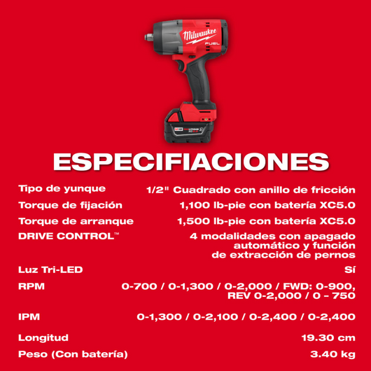 Llave de impacto alto torque M18 FUEL 1/2" kit de anillo de friccion Milwaukee 2967-22