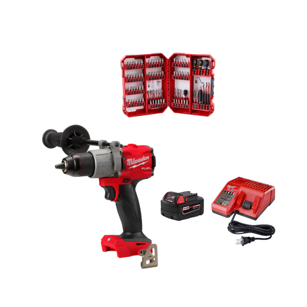 Combo Milwaukee Taladro percutor/atornillador de 1/2" M18 Fuel + Batería Y Cargador Kit M18 + Kit Puntas shockwave 34pzs
