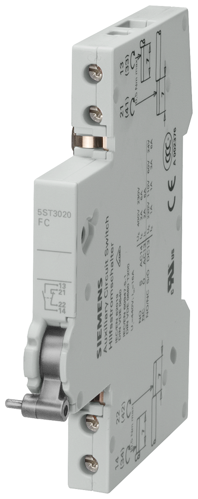 Bloque de señalización Siemens 5ST3022, gris, con bornes metálicos y esquema de conexiones