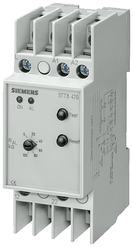 Monitor de aislamiento Siemens 5TT3 470 con bornes A1 A2 y botón Test
