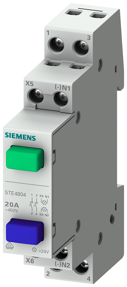 Pulsador Siemens 5TE4800 verde y azul con dos botones frontales, 1NA/1NC 20A, módulo compacto