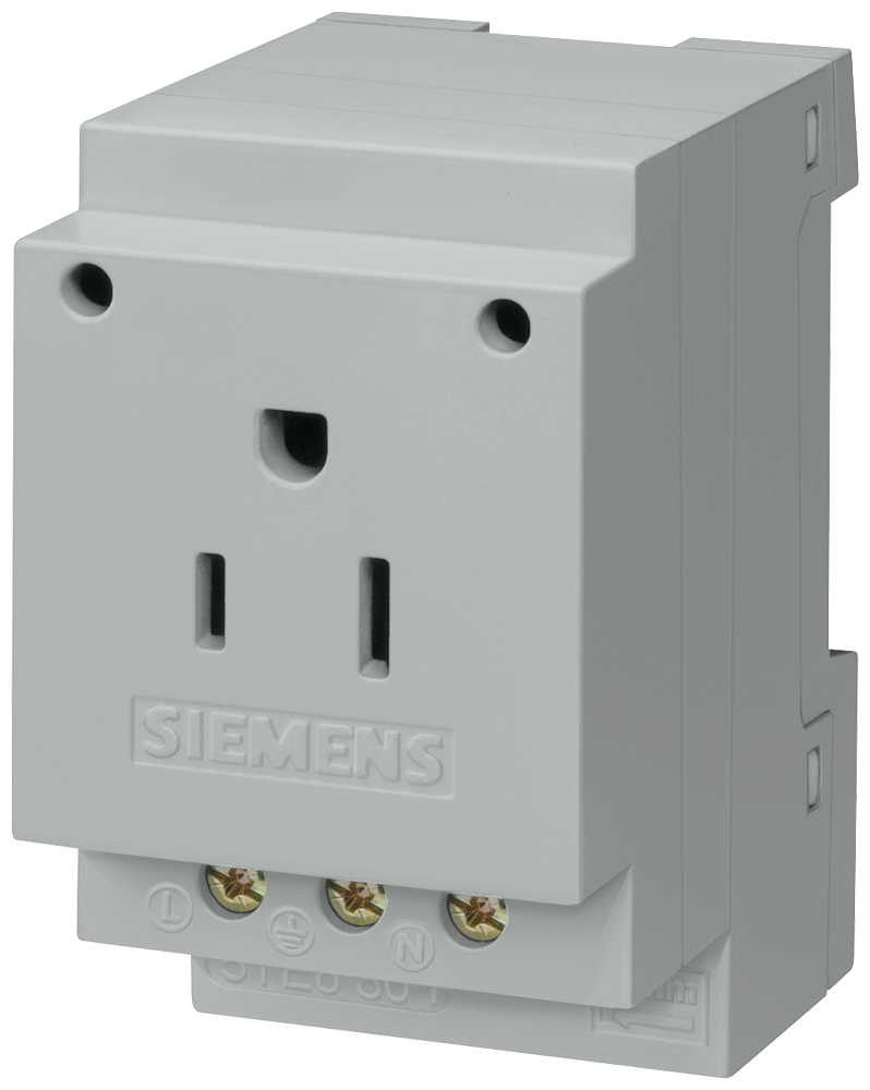 Siemens base de enchufe 15 A modelo 5TE6804, diseño gris claro con tornillos visibles