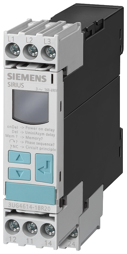 Relé de vigilancia digital gris para carril DIN con display industrial de alta fiabilidad Siemens 3UG4615-1CR20
