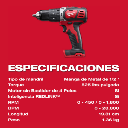 Taladro percutor/destornillador compacto de 1/2" M18™ (Solo herramienta) Milwaukee 2607-20