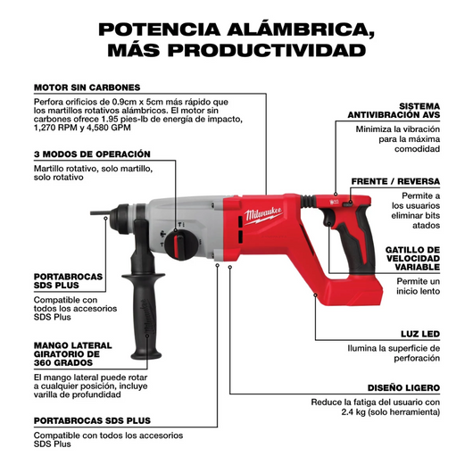Rotomartillo Demoledor con mango en D SDS Plus 1" sin escobillas M18 Milwaukee 2613-20