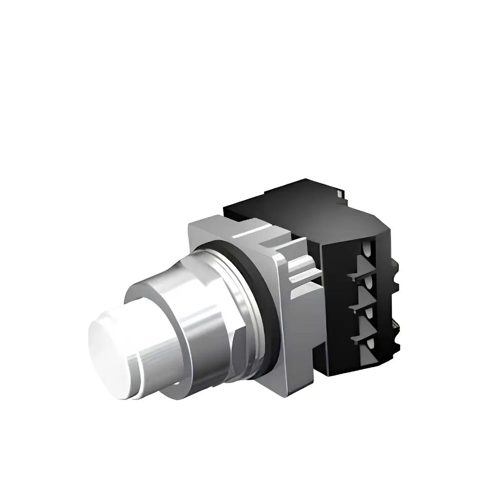 Botón pulsador Siemens US2:52PT6DBAB, cuerpo metálico plateado y bloque de conectores negro
