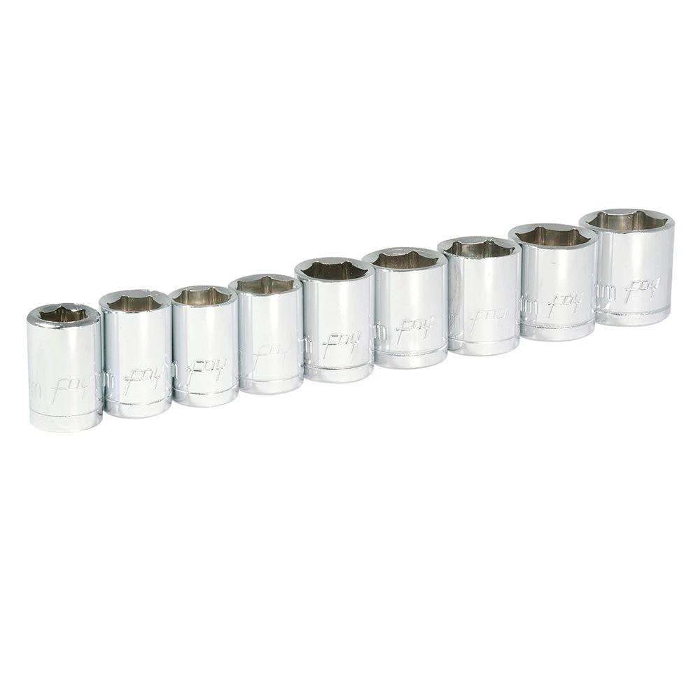 Juego de 9 dados métricos cuadro de 3/8", 6 puntas, en riel Foy