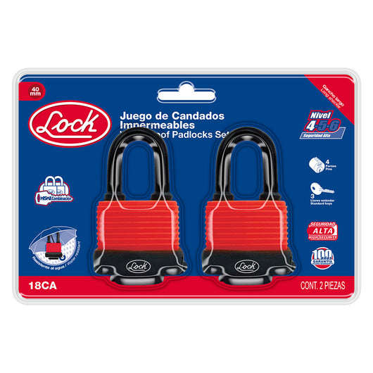 Juego de 2 candados impermeables largos 40 mm, llave estándar Lock