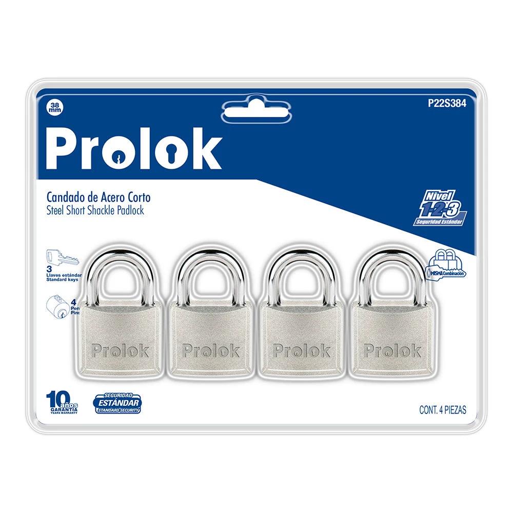 Juego de 4 candados de acero cortos 38 mm, llave estándar Prolok